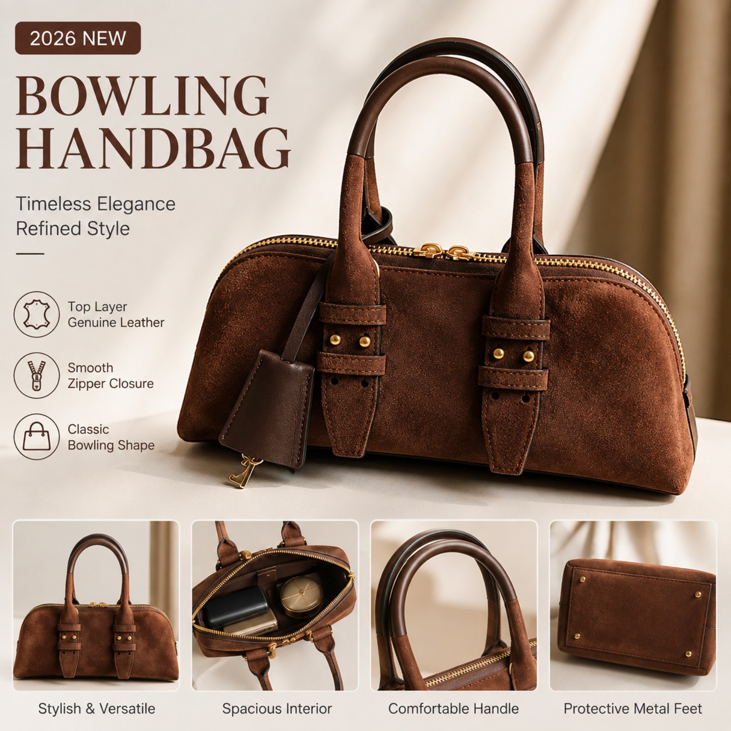 Top Handle Structured - Dames bowlingtas van echt leer, vintage